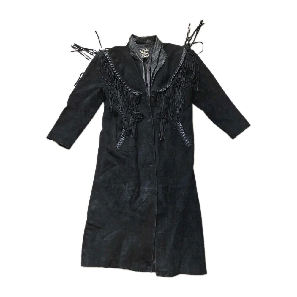 VTG First Genuine Leather Black Suede Fringe Western Duster Long Coat Sz L GUC